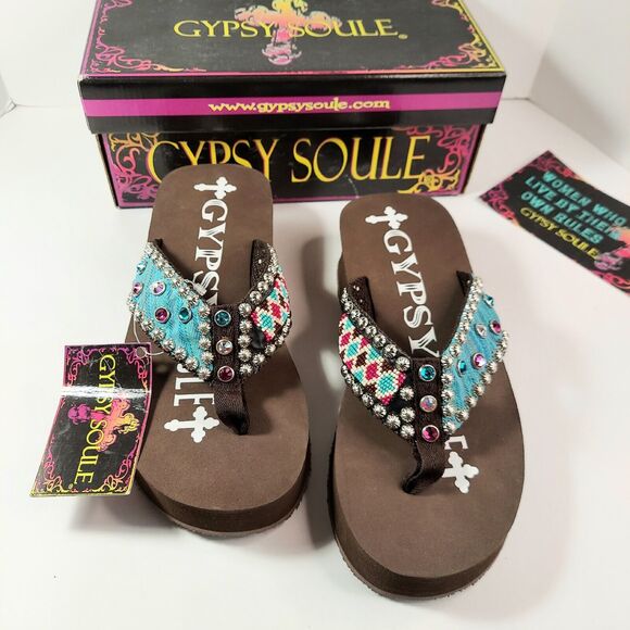 New Gypsy Soule Flip Flop Sandals Swarovski Crystals Sz 10 Brown Blue Aztec Box - Picture 2 of 16